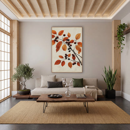 Rust Leaf Dark Berry Branch Study wall art in a calm Japandi-style room – dark branch with rust-orange autumn leaves