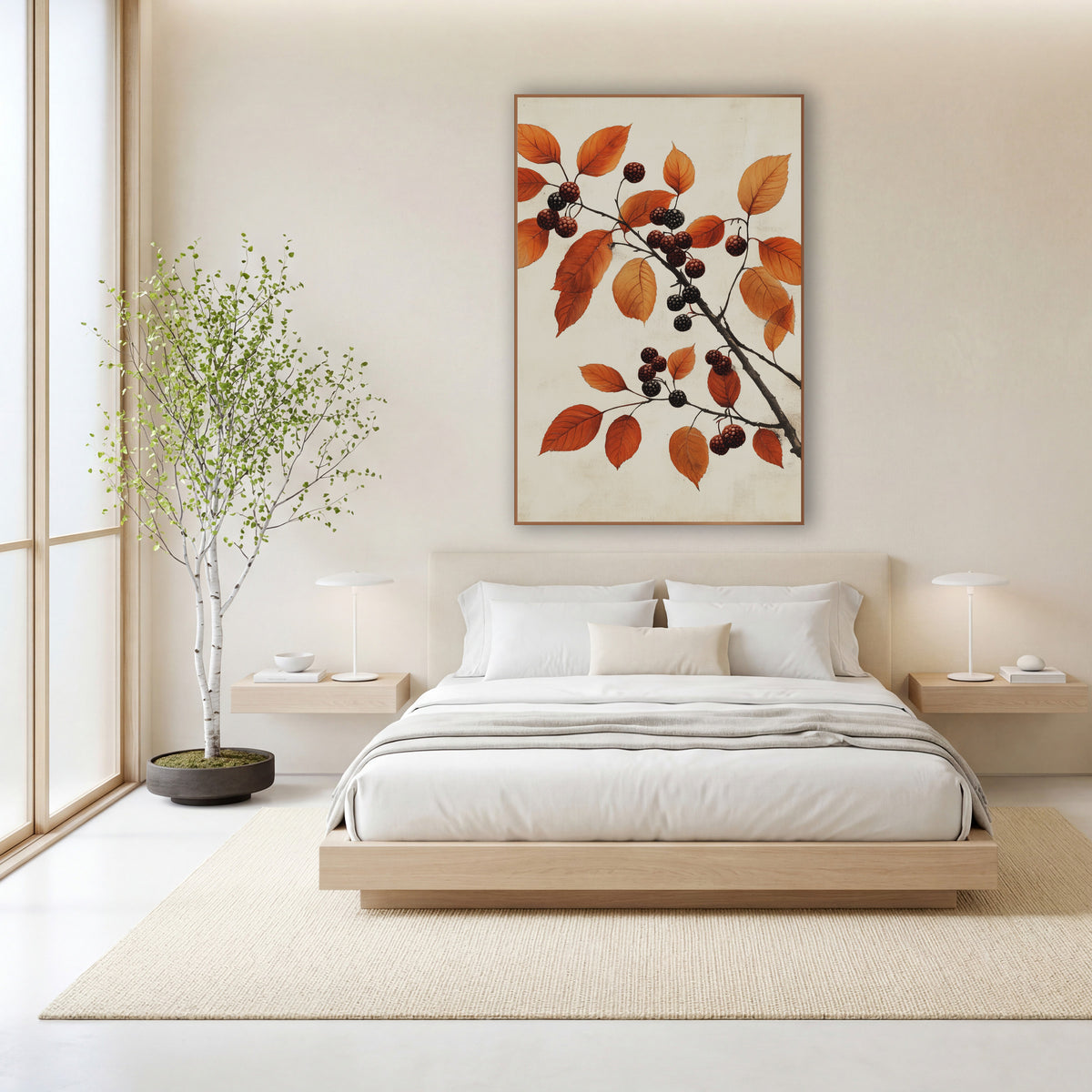 Rust Leaf Dark Berry Branch Study wall art in a calm Japandi-style room – dark branch with rust-orange autumn leaves