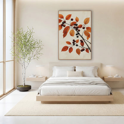 Rust Leaf Dark Berry Branch Study wall art in a calm Japandi-style room – dark branch with rust-orange autumn leaves