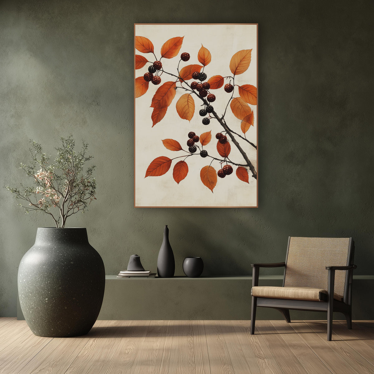 Rust Leaf Dark Berry Branch Study wall art in a calm Japandi-style room – dark branch with rust-orange autumn leaves