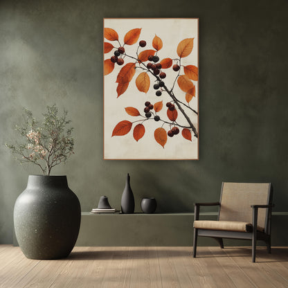 Rust Leaf Dark Berry Branch Study wall art in a calm Japandi-style room – dark branch with rust-orange autumn leaves