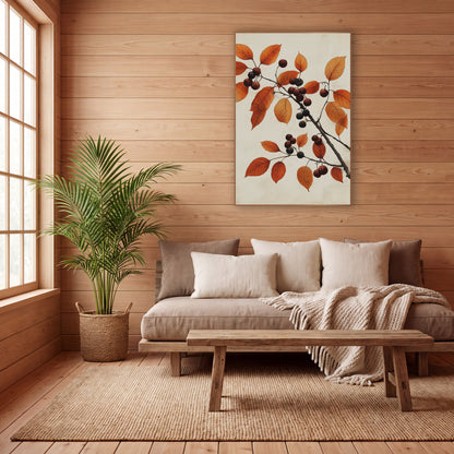 Rust Leaf Dark Berry Branch Study wall art in a calm Japandi-style room – dark branch with rust-orange autumn leaves