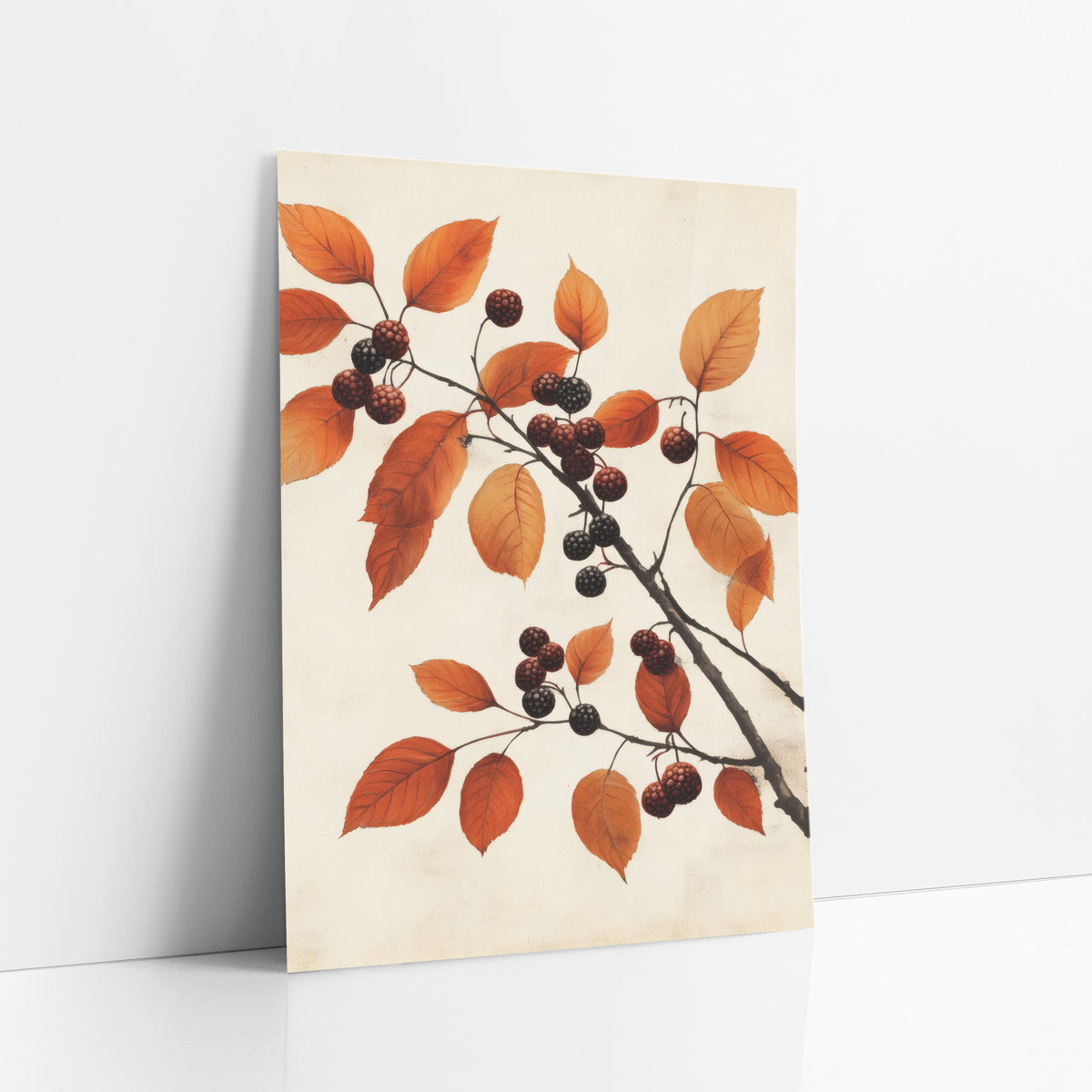 Rust Leaf Dark Berry Branch Study art print leaning against a white wall – dark branch with rust-orange autumn leaves