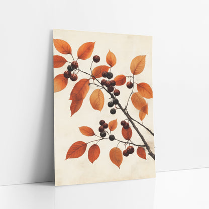 Rust Leaf Dark Berry Branch Study art print leaning against a white wall – dark branch with rust-orange autumn leaves
