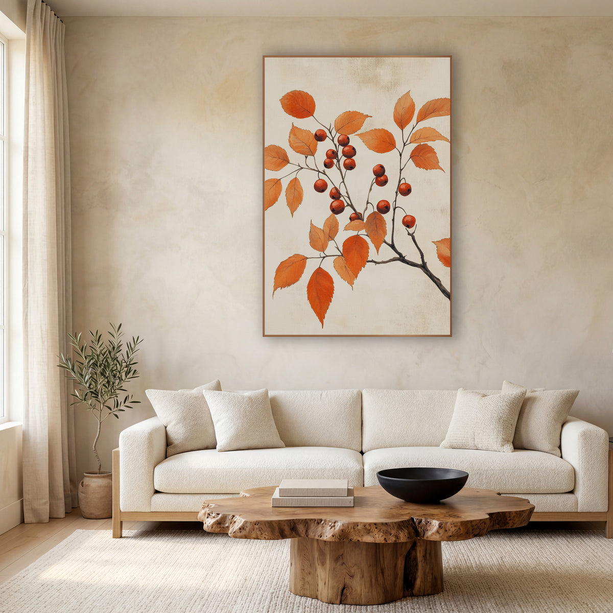 Scarlet Hawthorn Sprig Botanical Study wall art in a calm Japandi-style room – slender branch with orange autumn