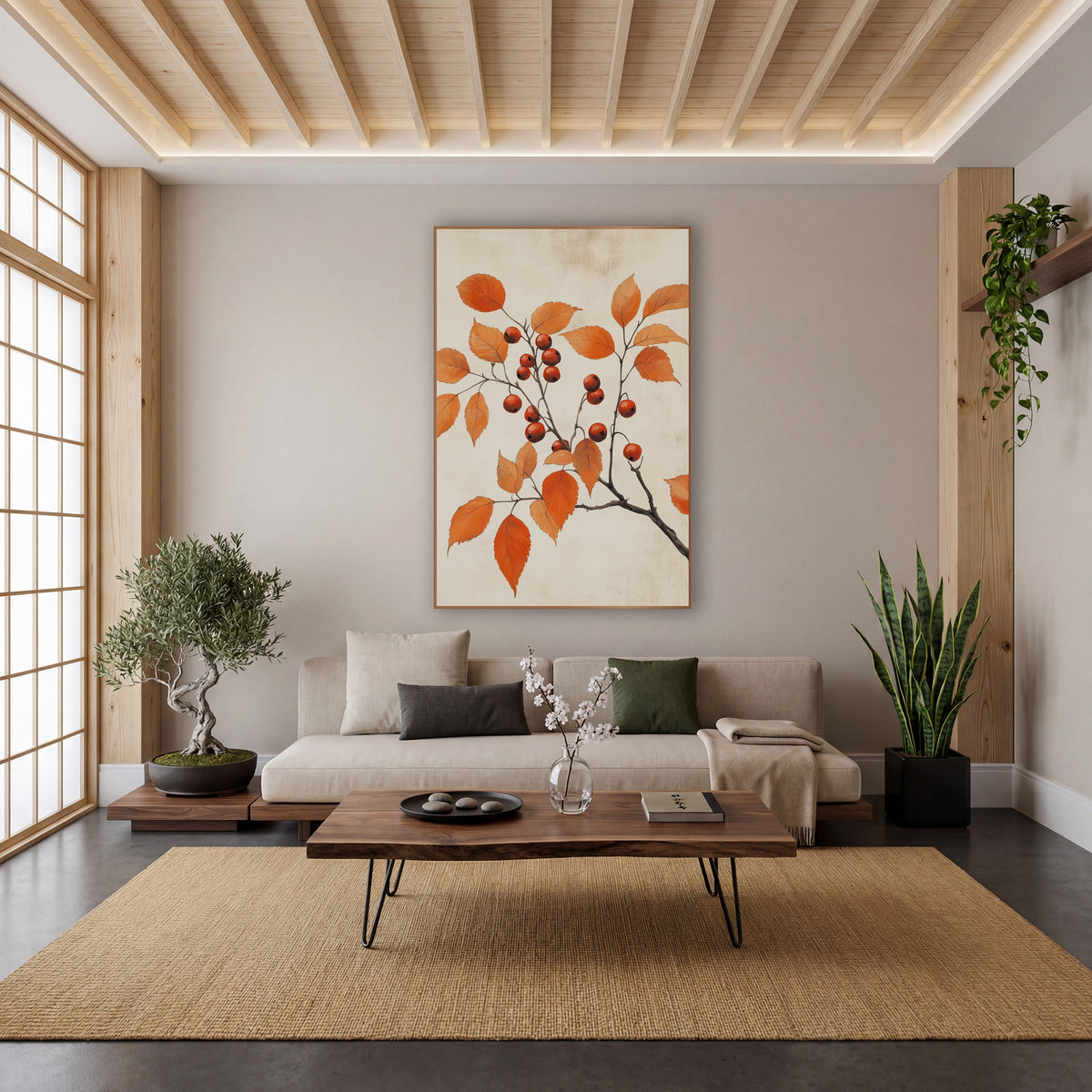 Scarlet Hawthorn Sprig Botanical Study wall art in a calm Japandi-style room – slender branch with orange autumn
