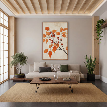 Scarlet Hawthorn Sprig Botanical Study wall art in a calm Japandi-style room – slender branch with orange autumn
