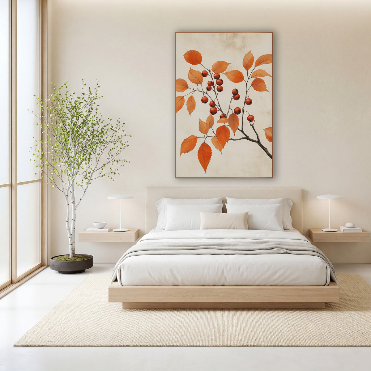 Scarlet Hawthorn Sprig Botanical Study wall art in a calm Japandi-style room – slender branch with orange autumn