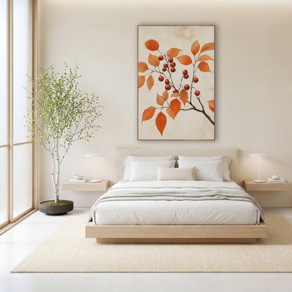 Scarlet Hawthorn Sprig Botanical Study wall art in a calm Japandi-style room – slender branch with orange autumn