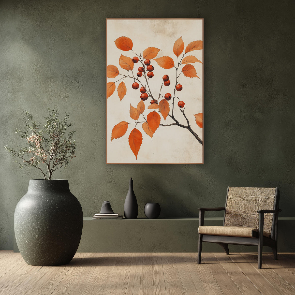 Scarlet Hawthorn Sprig Botanical Study wall art in a calm Japandi-style room – slender branch with orange autumn