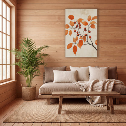 Scarlet Hawthorn Sprig Botanical Study wall art in a calm Japandi-style room – slender branch with orange autumn