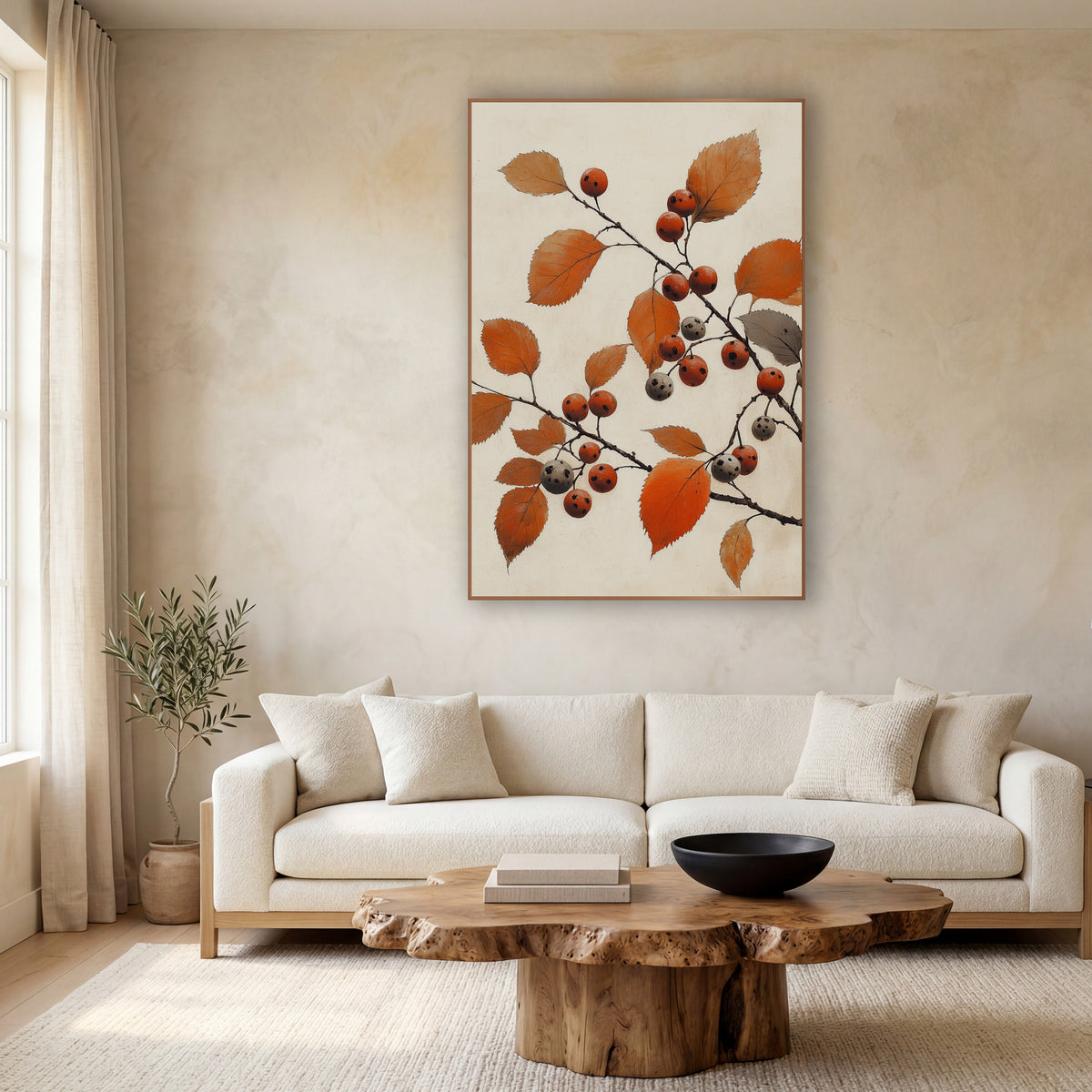 Grey Spotted Berry Branch Japandi wall art in a calm Japandi-style room – dark branches with rust-orange leaves