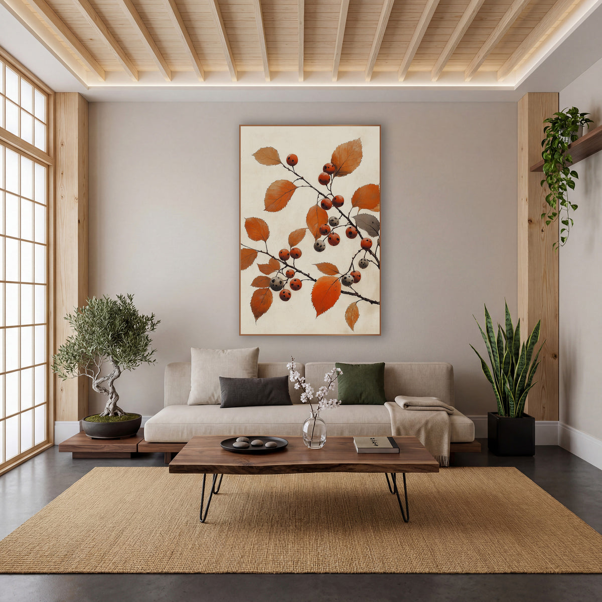 Grey Spotted Berry Branch Japandi wall art in a calm Japandi-style room – dark branches with rust-orange leaves