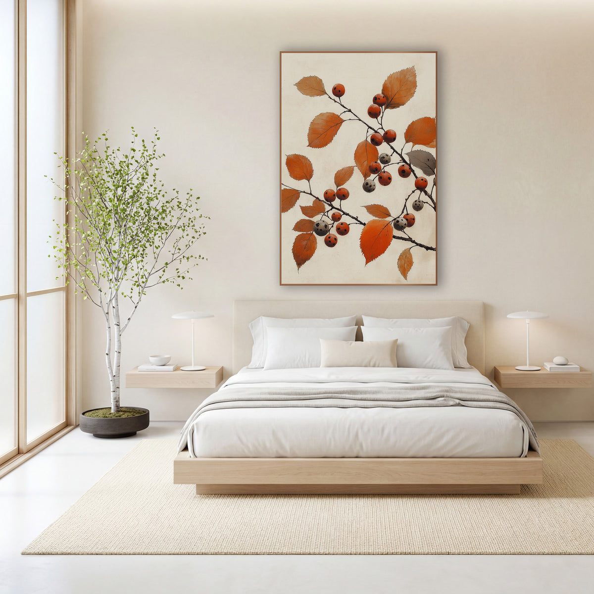 Grey Spotted Berry Branch Japandi wall art in a calm Japandi-style room – dark branches with rust-orange leaves