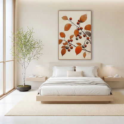 Grey Spotted Berry Branch Japandi wall art in a calm Japandi-style room – dark branches with rust-orange leaves