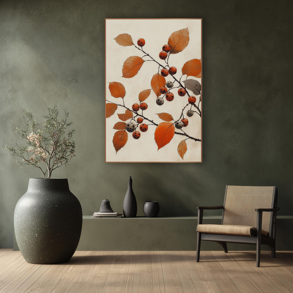 Grey Spotted Berry Branch Japandi wall art in a calm Japandi-style room – dark branches with rust-orange leaves