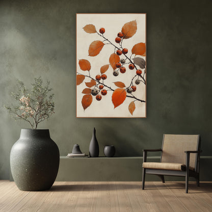 Grey Spotted Berry Branch Japandi wall art in a calm Japandi-style room – dark branches with rust-orange leaves