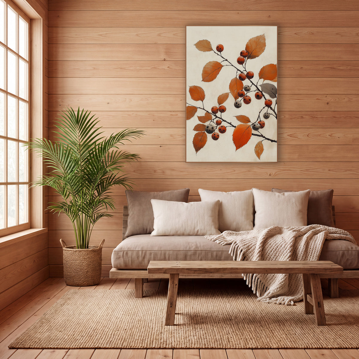 Grey Spotted Berry Branch Japandi wall art in a calm Japandi-style room – dark branches with rust-orange leaves
