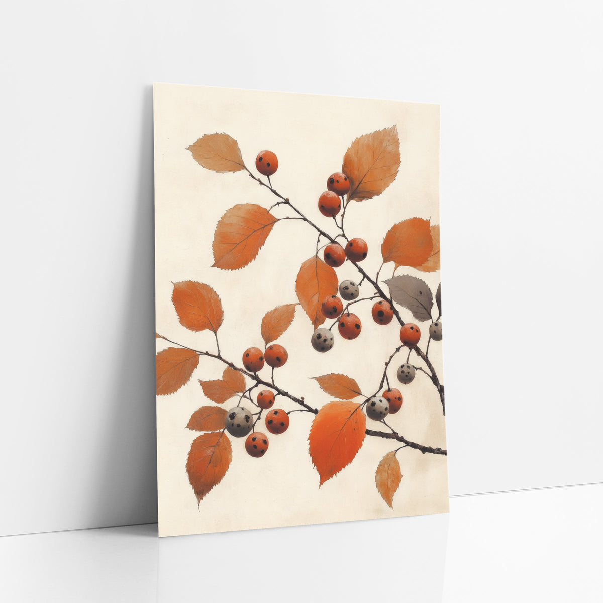 Grey Spotted Berry Branch Japandi art print leaning against a white wall – dark branches with rust-orange leaves and speckled