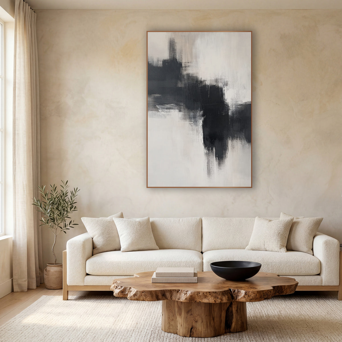 Charcoal Cream Zen Abstract wall art in a calm Japandi-style room – abstract artwork of broad charcoal dry-brush