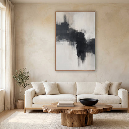 Charcoal Cream Zen Abstract wall art in a calm Japandi-style room – abstract artwork of broad charcoal dry-brush
