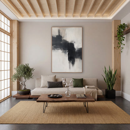 Charcoal Cream Zen Abstract wall art in a calm Japandi-style room – abstract artwork of broad charcoal dry-brush