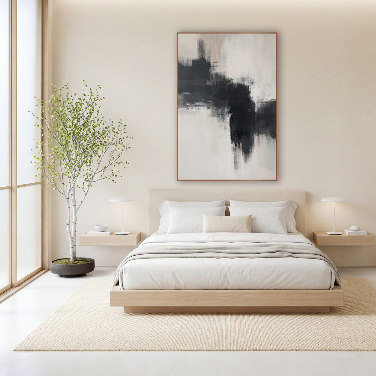 Charcoal Cream Zen Abstract wall art in a calm Japandi-style room – abstract artwork of broad charcoal dry-brush