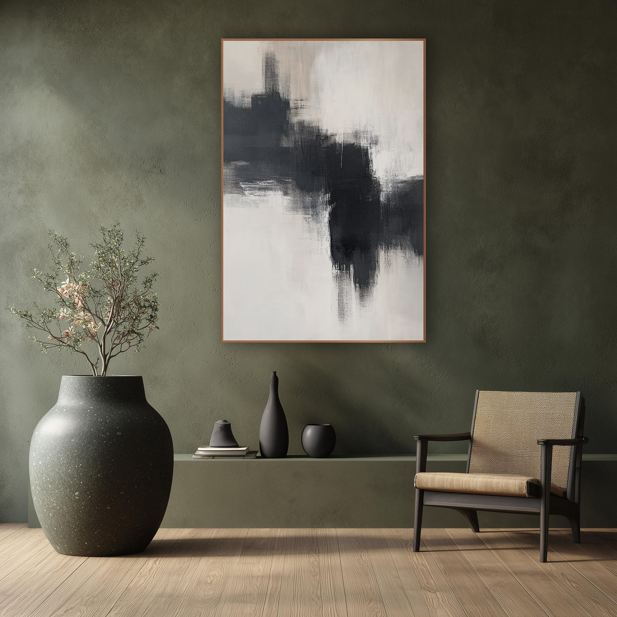 Charcoal Cream Zen Abstract wall art in a calm Japandi-style room – abstract artwork of broad charcoal dry-brush