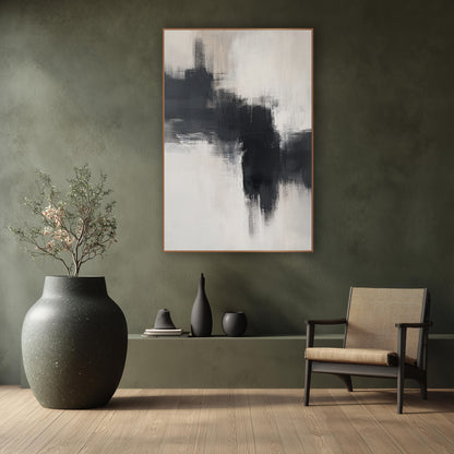 Charcoal Cream Zen Abstract wall art in a calm Japandi-style room – abstract artwork of broad charcoal dry-brush