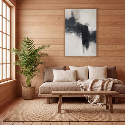 Charcoal Cream Zen Abstract wall art in a calm Japandi-style room – abstract artwork of broad charcoal dry-brush