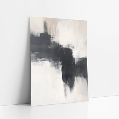 Charcoal Cream Zen Abstract art print leaning against a white wall – abstract artwork of broad charcoal dry-brush strokes
