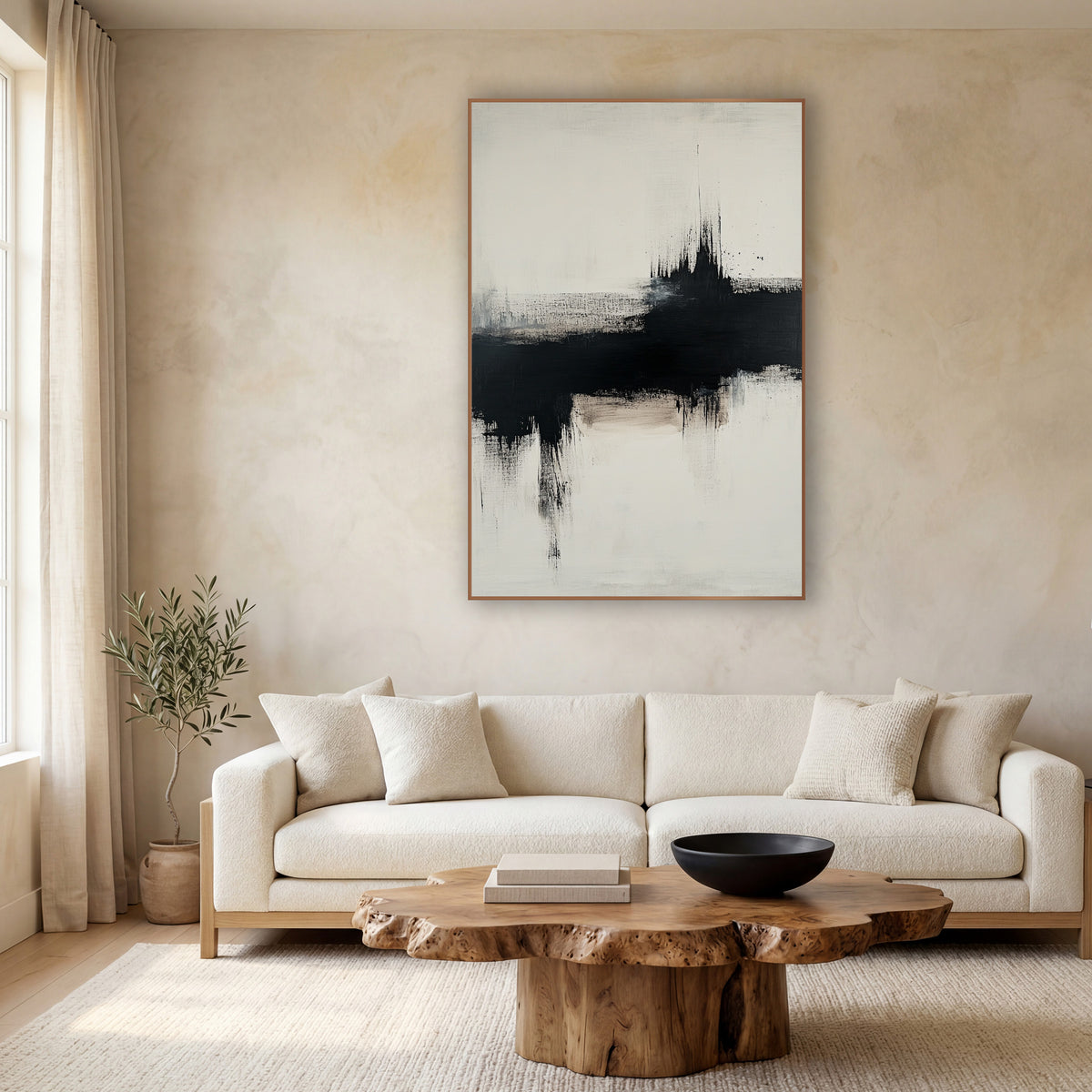 Black Ink Horizon Abstract Zen wall art in a calm Japandi-style room – abstract artwork with a broad black dry-brush