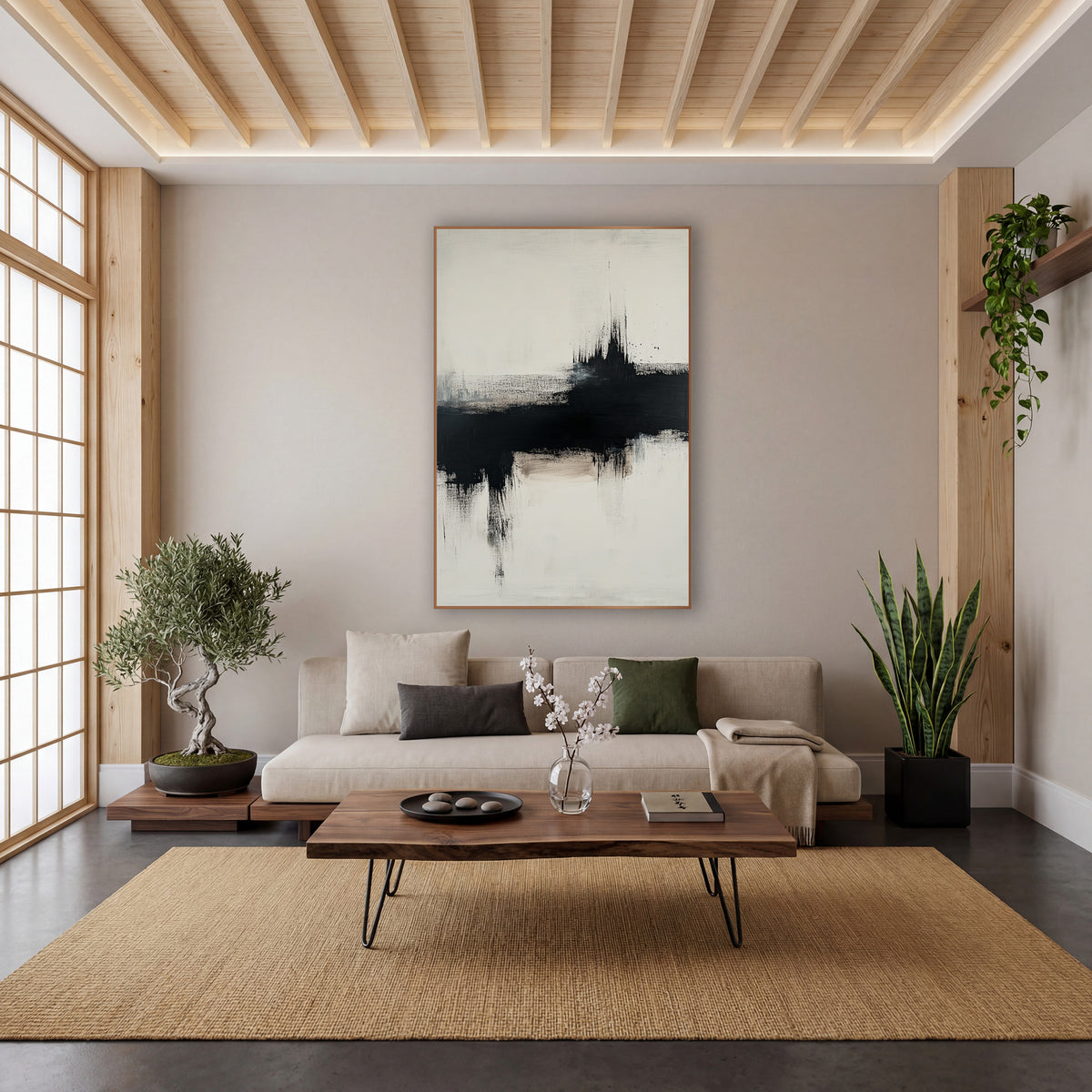 Black Ink Horizon Abstract Zen wall art in a calm Japandi-style room – abstract artwork with a broad black dry-brush