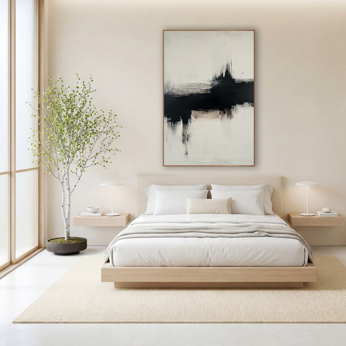 Black Ink Horizon Abstract Zen wall art in a calm Japandi-style room – abstract artwork with a broad black dry-brush