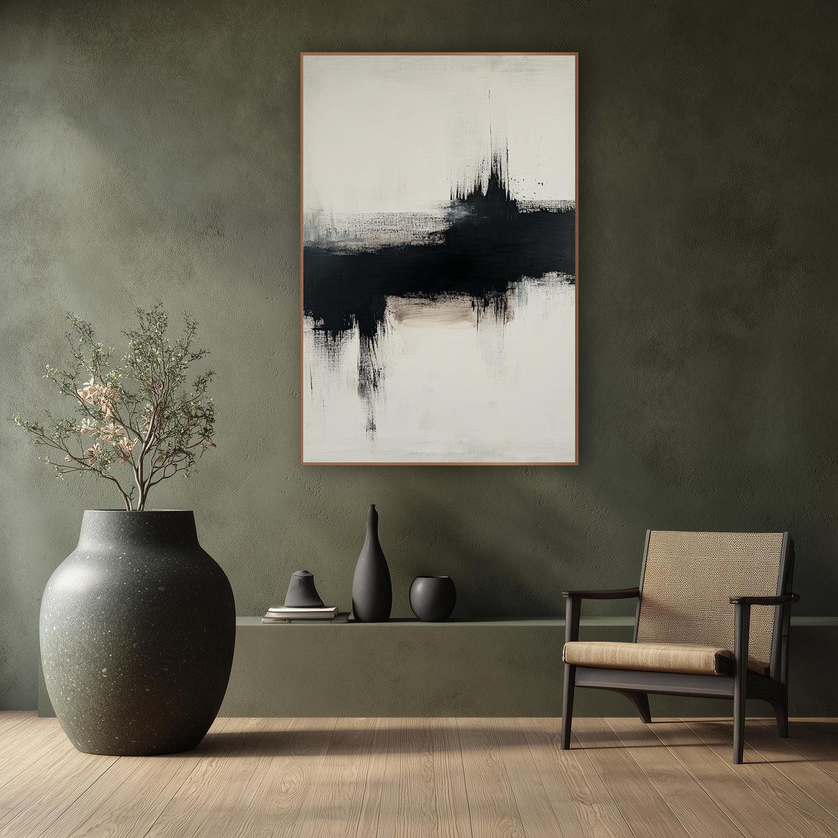 Black Ink Horizon Abstract Zen wall art in a calm Japandi-style room – abstract artwork with a broad black dry-brush