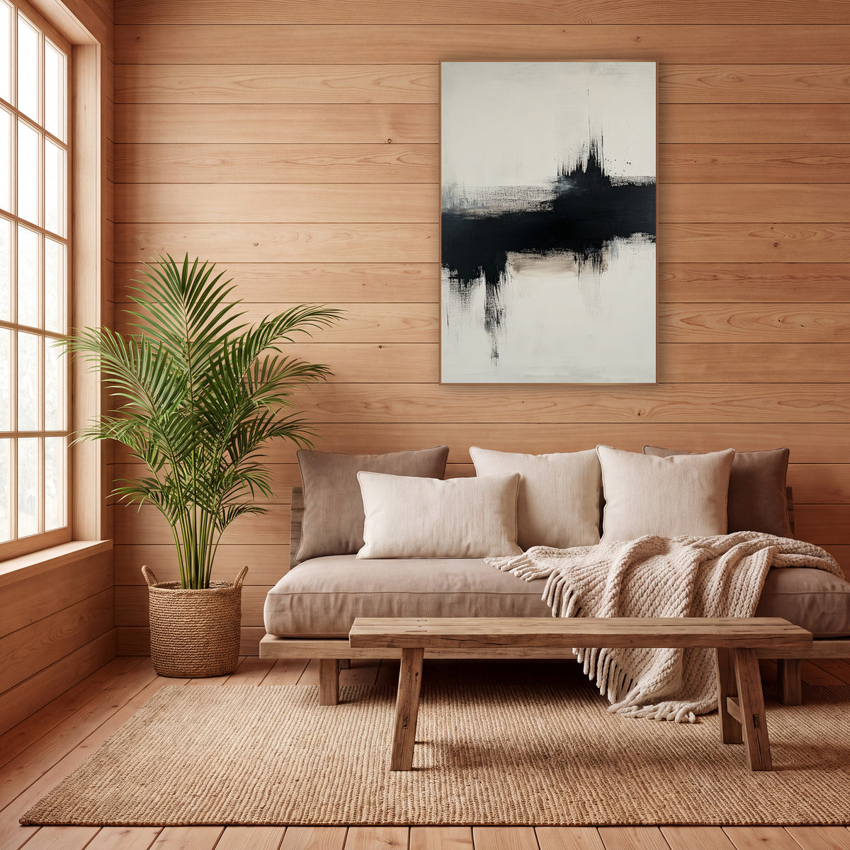 Black Ink Horizon Abstract Zen wall art in a calm Japandi-style room – abstract artwork with a broad black dry-brush