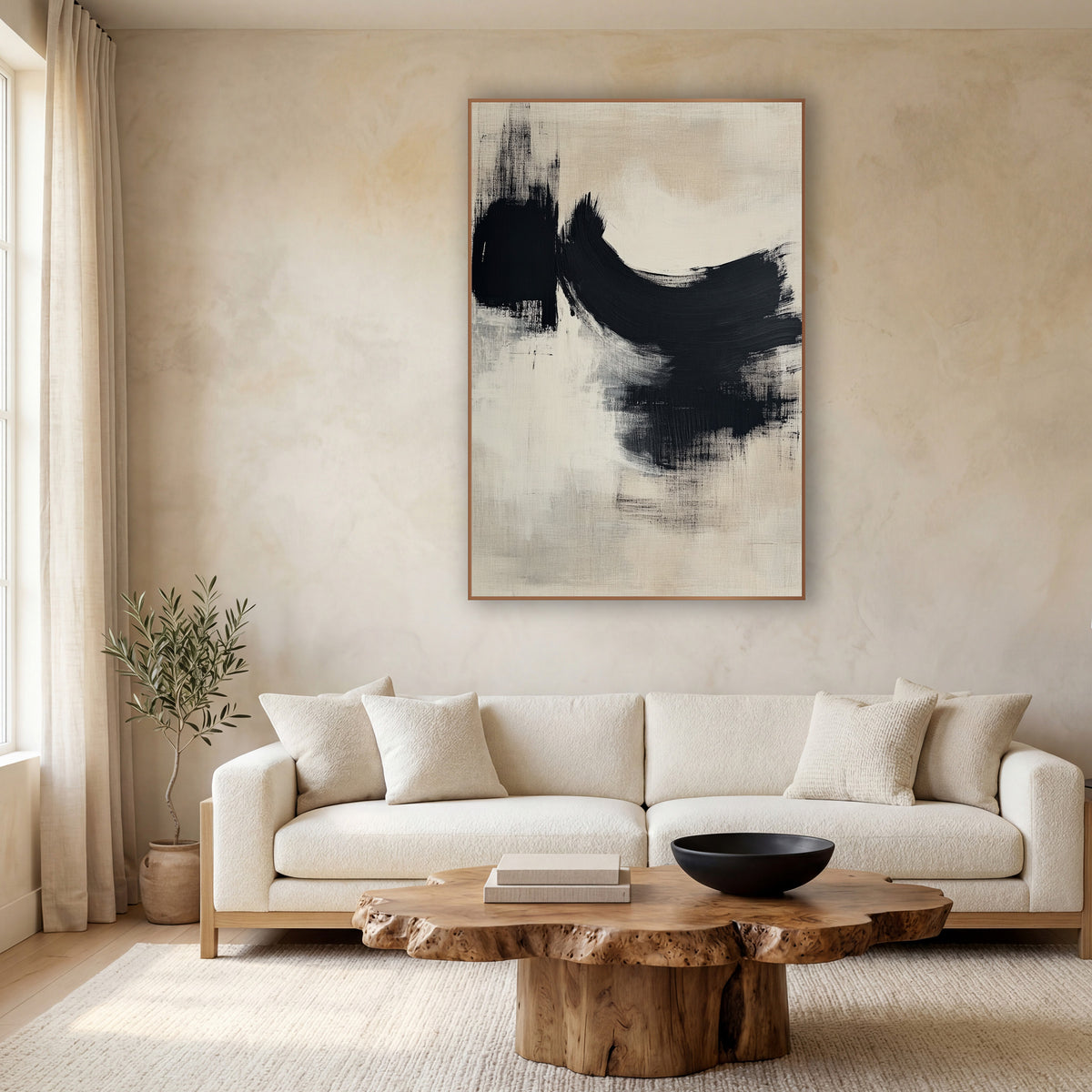 Dry Black Arc Japandi Abstract wall art in a calm Japandi-style room – abstract artwork with a broad black dry