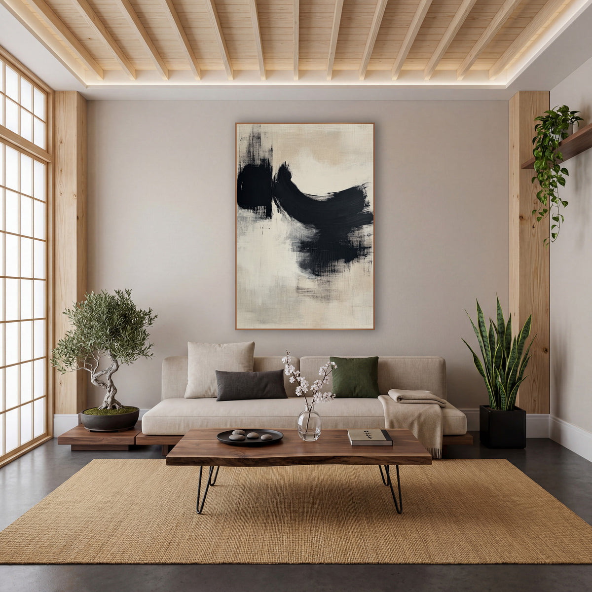 Dry Black Arc Japandi Abstract wall art in a calm Japandi-style room – abstract artwork with a broad black dry