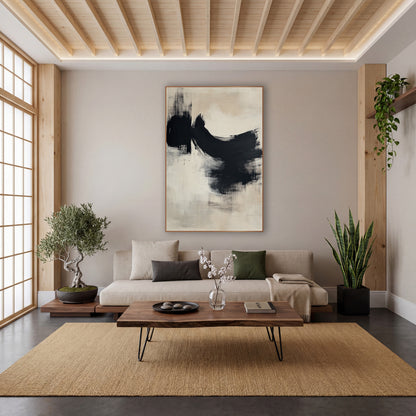 Dry Black Arc Japandi Abstract wall art in a calm Japandi-style room – abstract artwork with a broad black dry