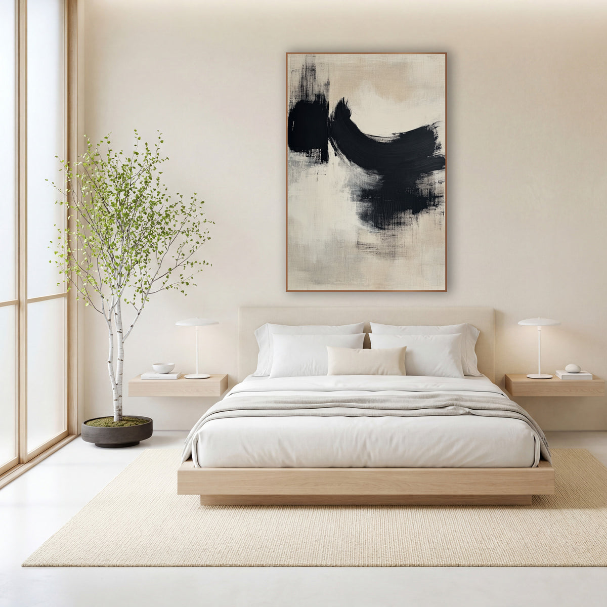 Dry Black Arc Japandi Abstract wall art in a calm Japandi-style room – abstract artwork with a broad black dry