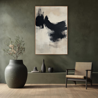 Dry Black Arc Japandi Abstract wall art in a calm Japandi-style room – abstract artwork with a broad black dry