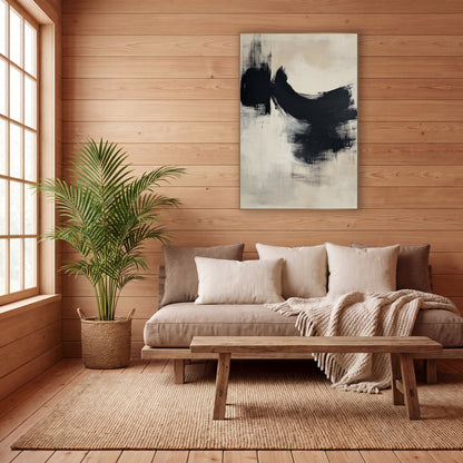Dry Black Arc Japandi Abstract wall art in a calm Japandi-style room – abstract artwork with a broad black dry