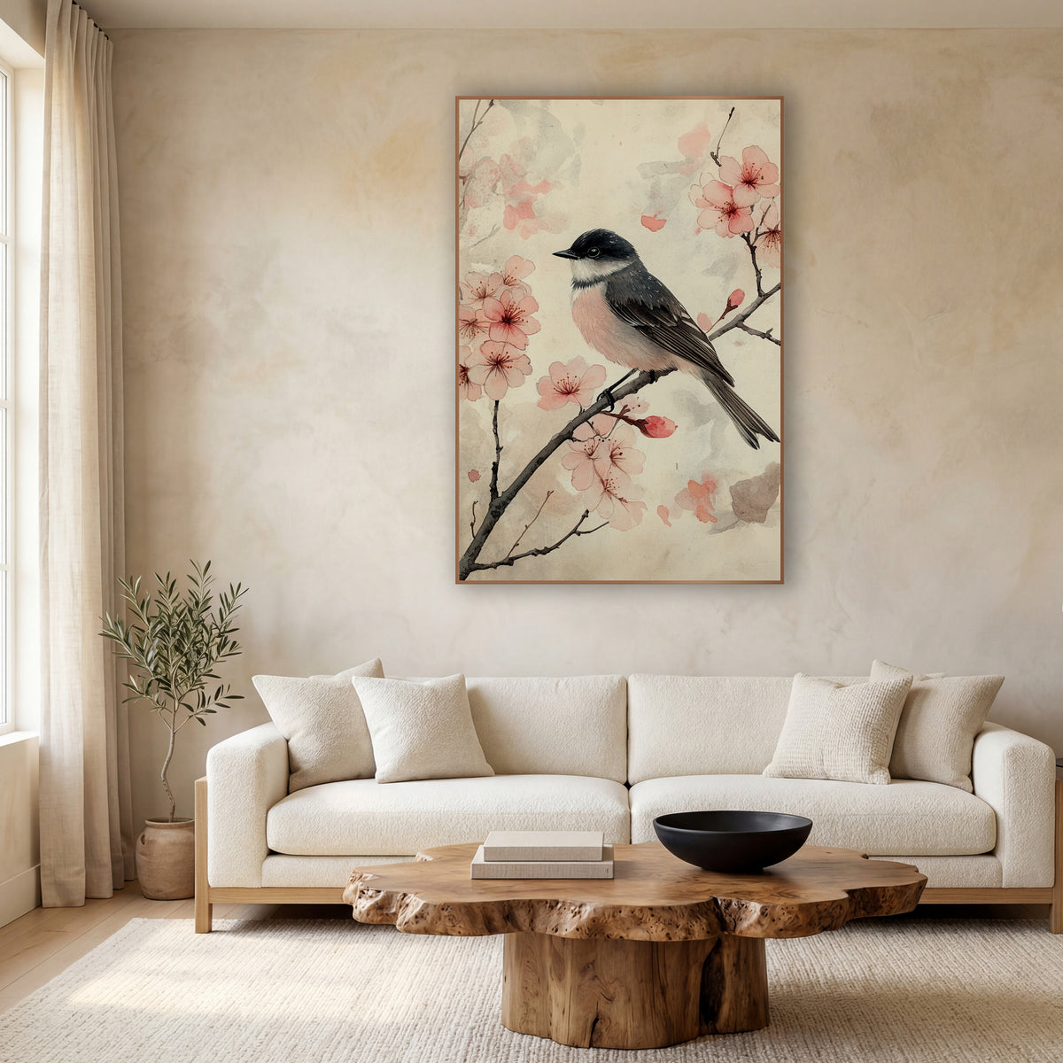 Blossom Branch Songbird Japandi Botanical wall art in a calm Japandi-style room – small gray and pink songbird perched