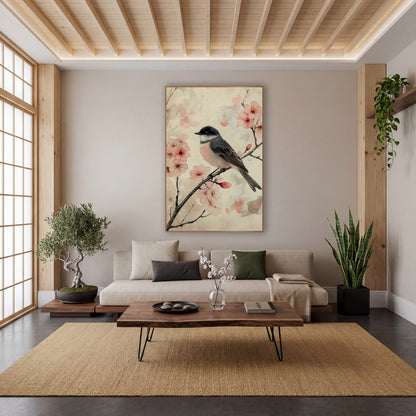 Blossom Branch Songbird Japandi Botanical wall art in a calm Japandi-style room – small gray and pink songbird perched