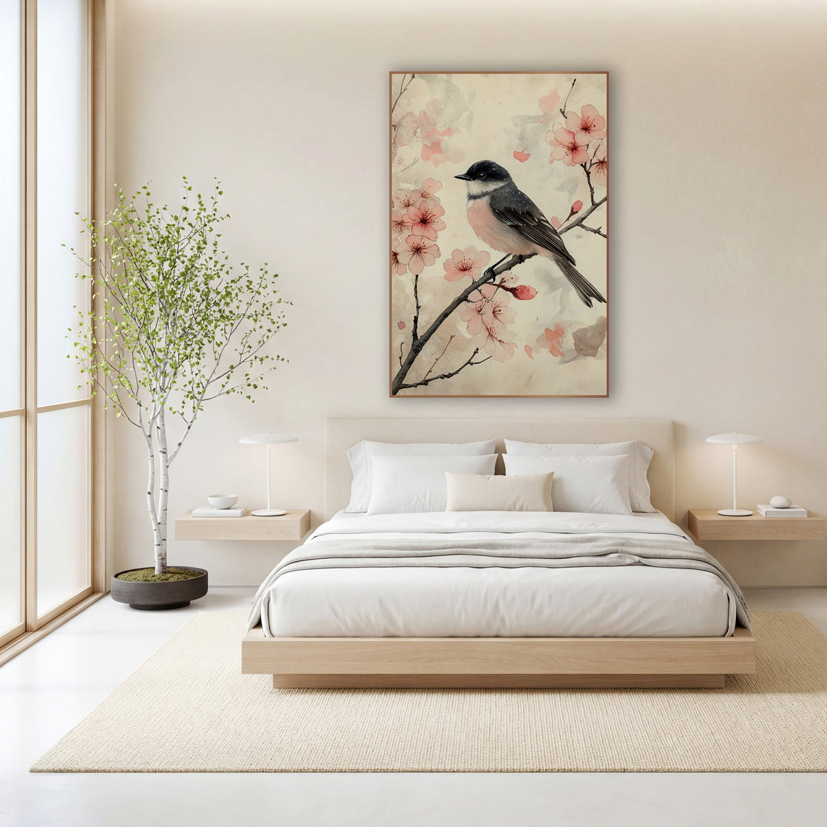 Blossom Branch Songbird Japandi Botanical wall art in a calm Japandi-style room – small gray and pink songbird perched