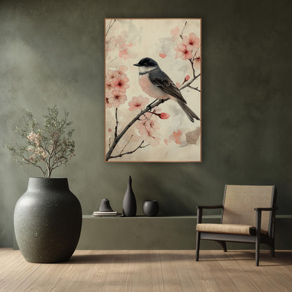 Blossom Branch Songbird Japandi Botanical wall art in a calm Japandi-style room – small gray and pink songbird perched