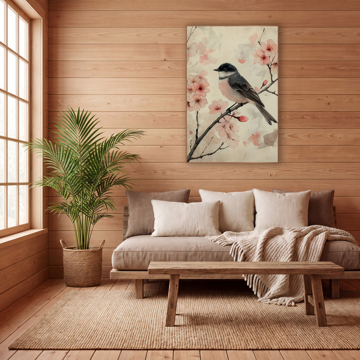 Blossom Branch Songbird Japandi Botanical wall art in a calm Japandi-style room – small gray and pink songbird perched