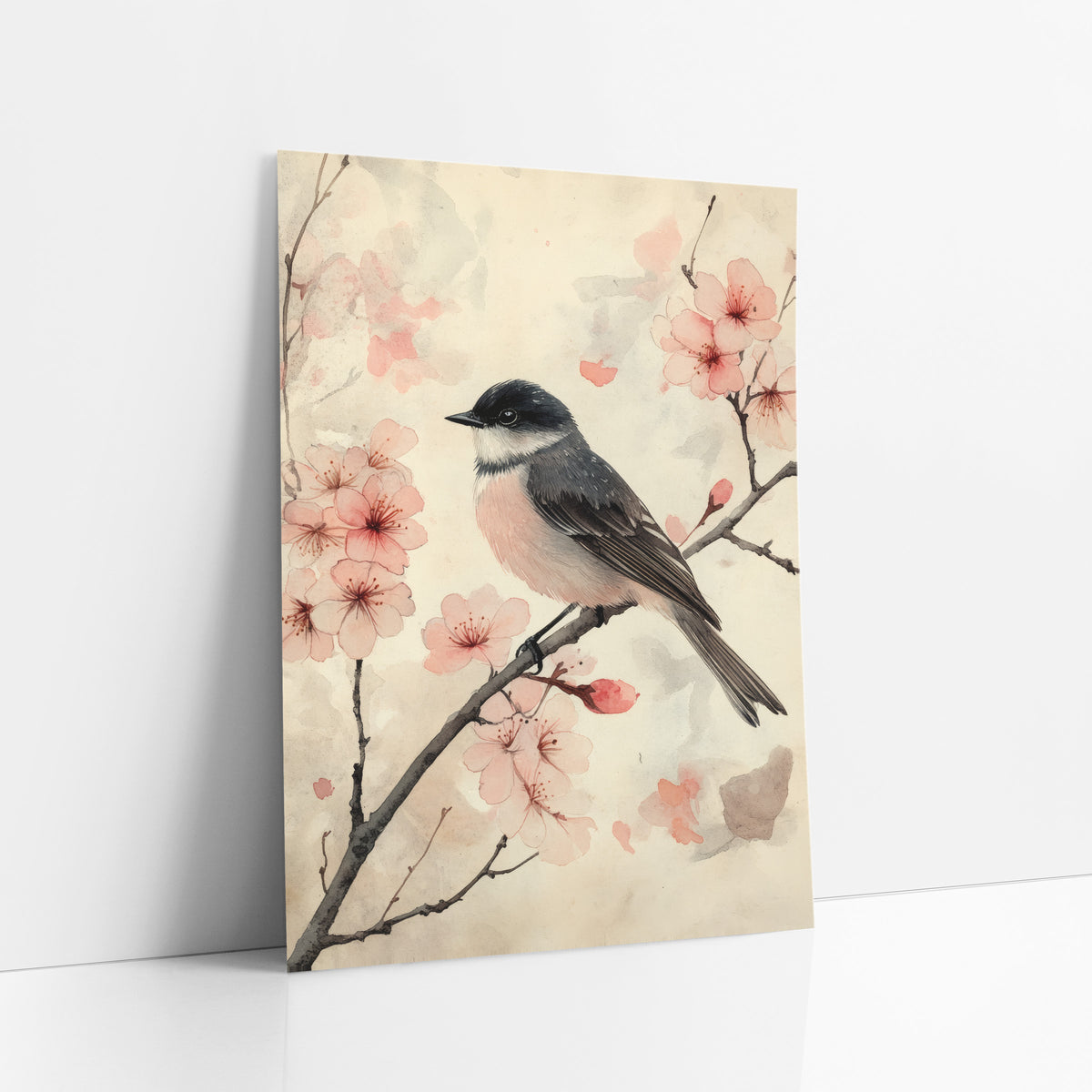 Blossom Branch Songbird Japandi Botanical art print leaning against a white wall – small gray and pink songbird perched