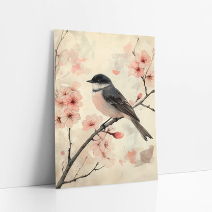 Blossom Branch Songbird Japandi Botanical art print leaning against a white wall – small gray and pink songbird perched