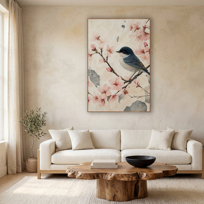 Cracked Parchment Blossom Songbird Japandi wall art in a calm Japandi-style room – small blue-gray bird on a branch